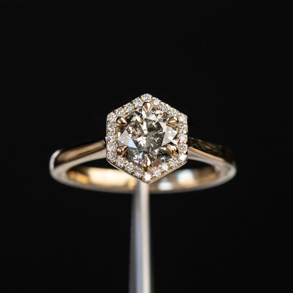 1.02ct Salt and Pepper and White Diamond Hexagon Halo Ring in 14k Yellow Gold