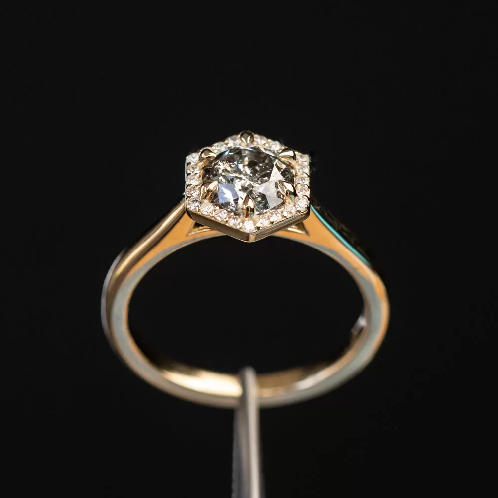 1.02ct Salt and Pepper and White Diamond Hexagon Halo Ring in 14k Yellow Gold