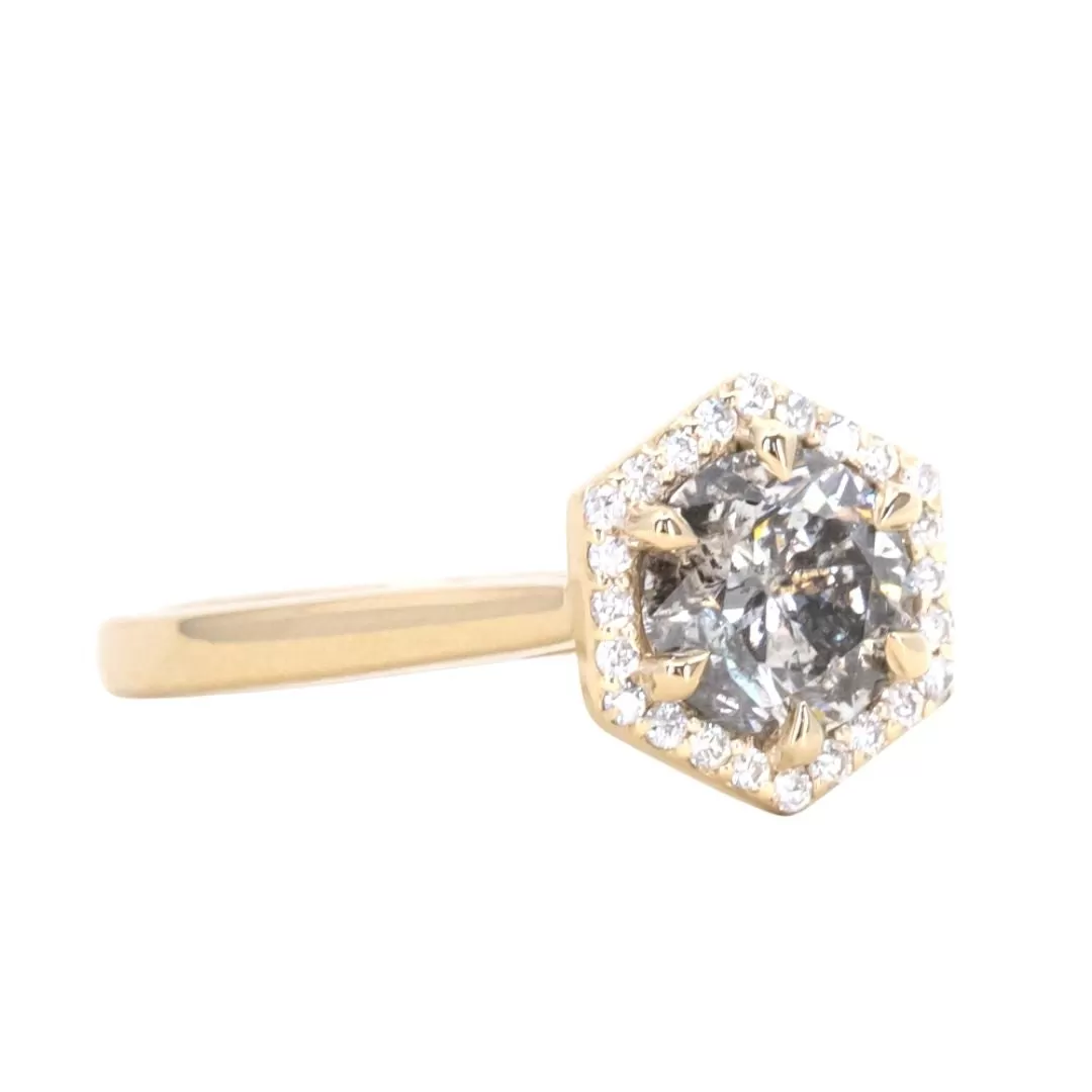 1.02ct Salt and Pepper and White Diamond Hexagon Halo Ring in 14k Yellow Gold