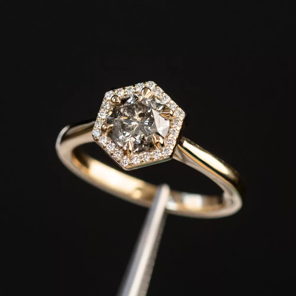 1.02ct Salt and Pepper and White Diamond Hexagon Halo Ring in 14k Yellow Gold