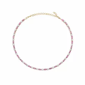 14K & 18K Gold East West Oval Alternating Pink Sapphire & Diamond Necklace