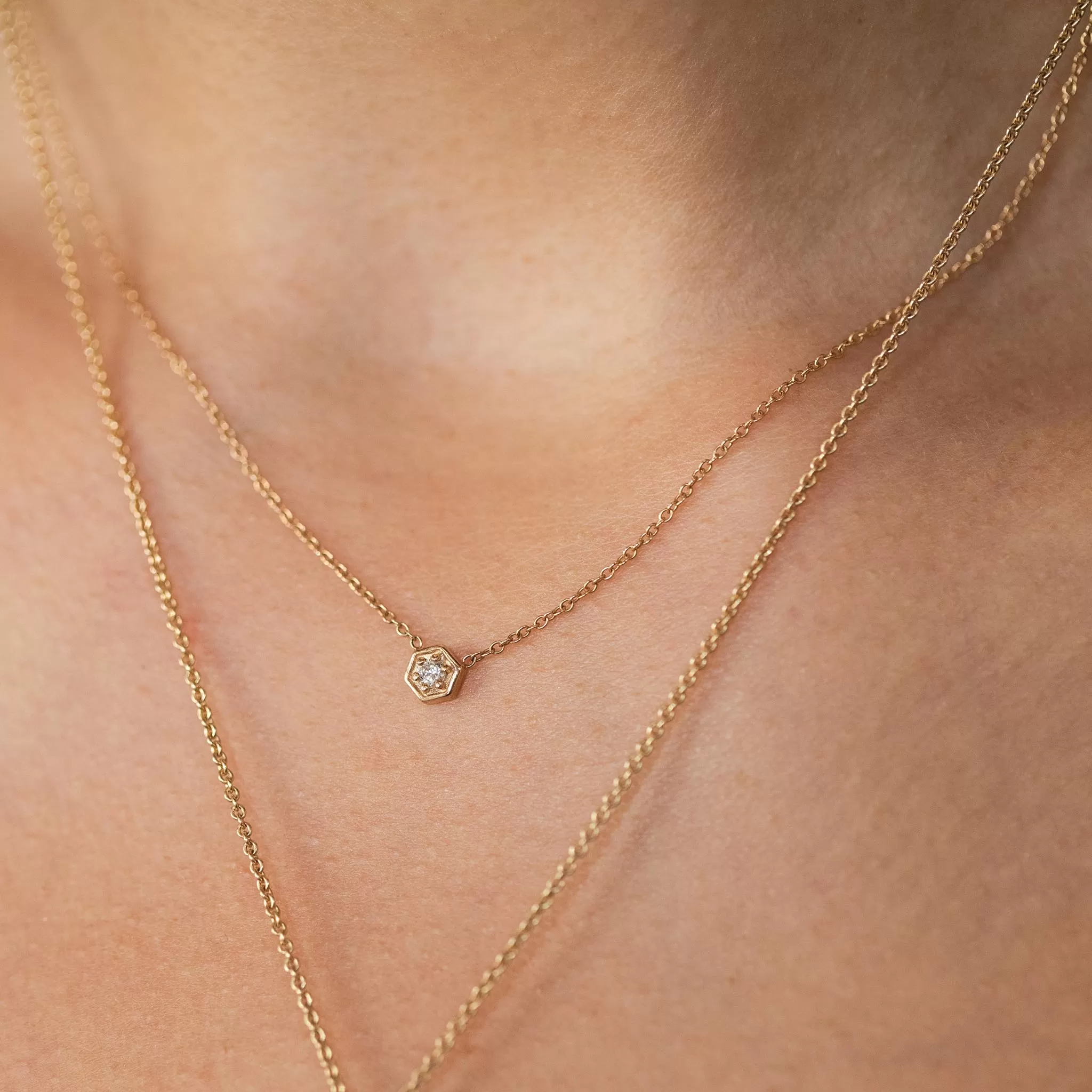 14k Gold Diamond Hexagon Necklace