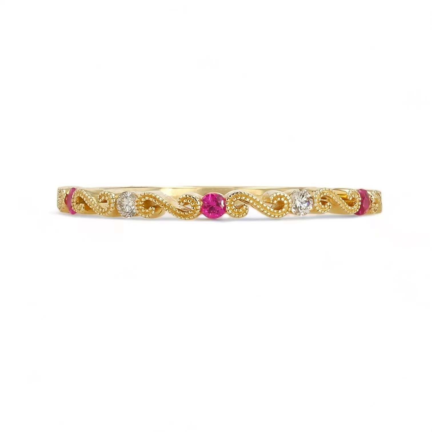 14K Yellow gold infinity Ruby and diamond band ring-10003