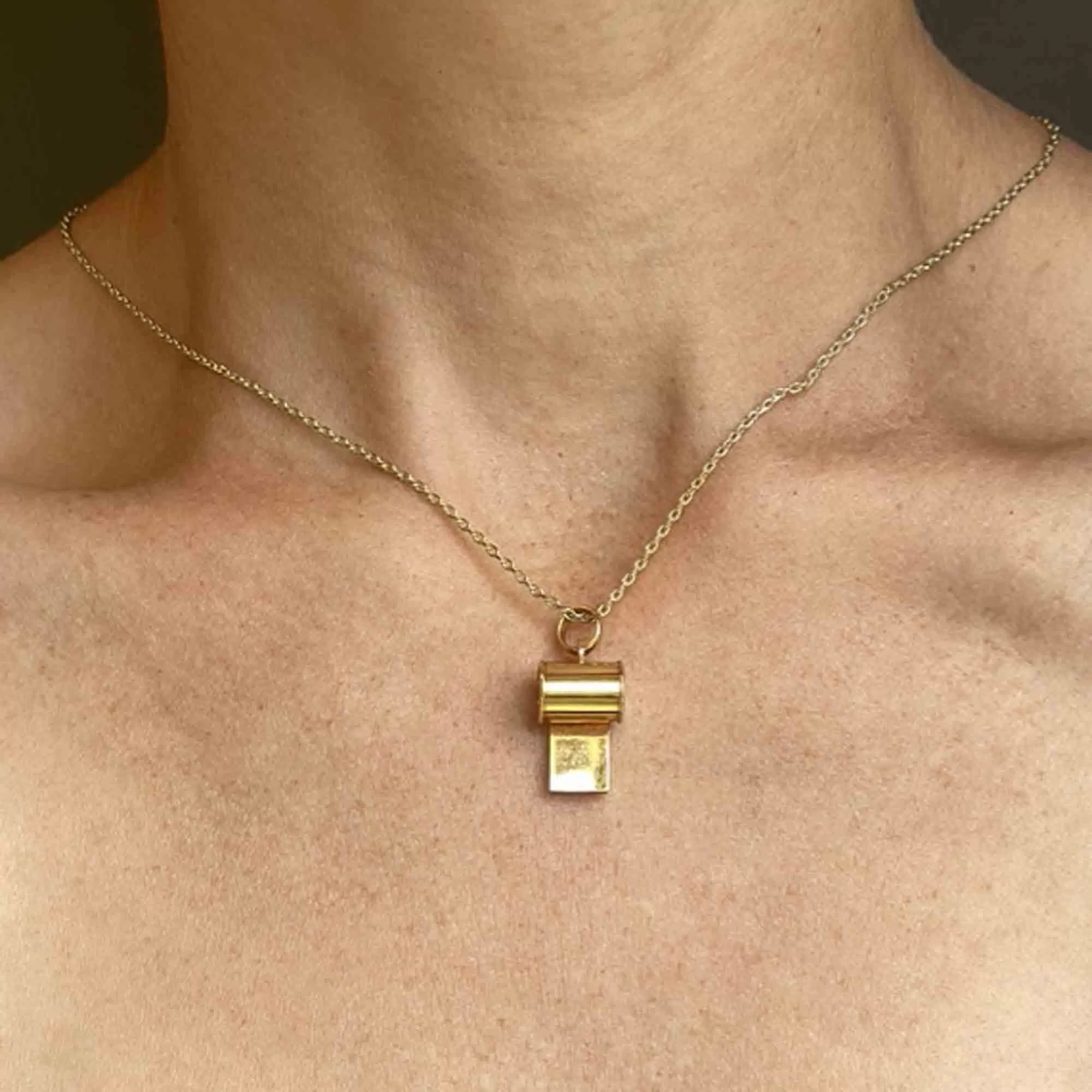 18K Solid Gold Working Whistle Pendant Necklace