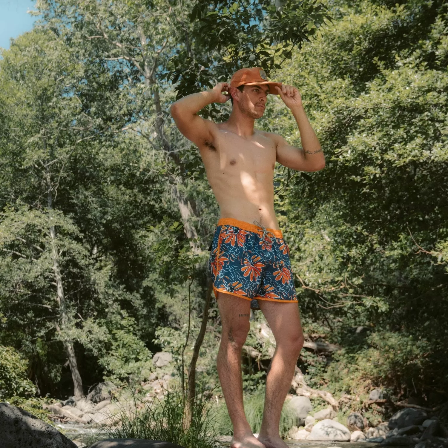 4.5 Inch Inseam Vintage Stretch Sunflower Printed Swim Trunks