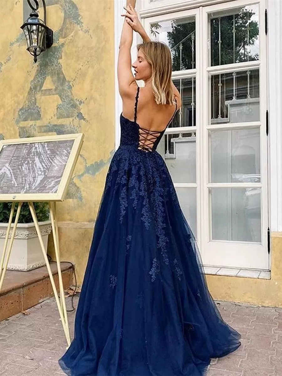 A Line V Neck Backless Navy Blue Lace Long Prom Dresses 2020, Open Back Navy Blue Lace Formal Dresses, Navy Blue Lace Evening Dresses