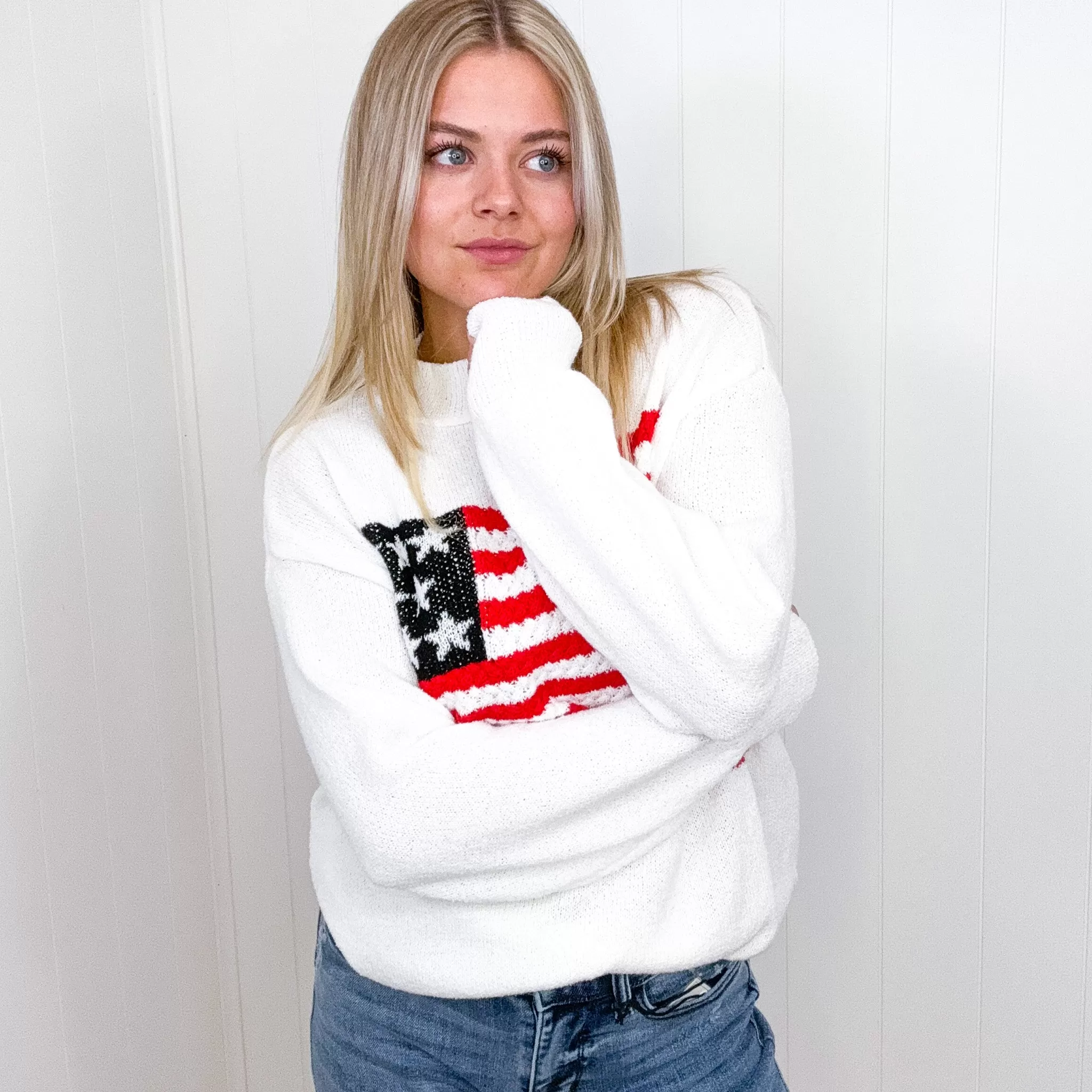 American Flag White Crochet Oversized Knit Sweater