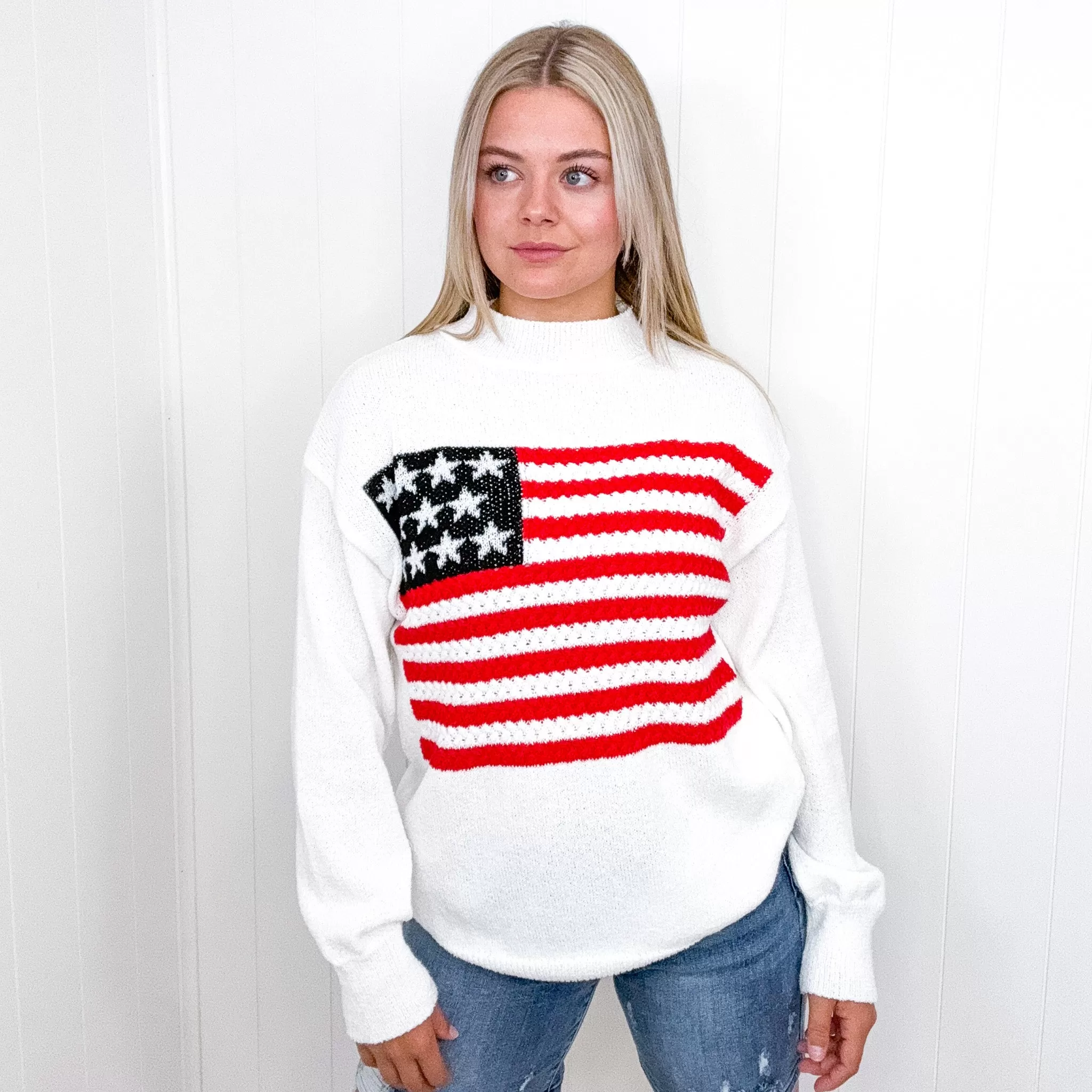 American Flag White Crochet Oversized Knit Sweater