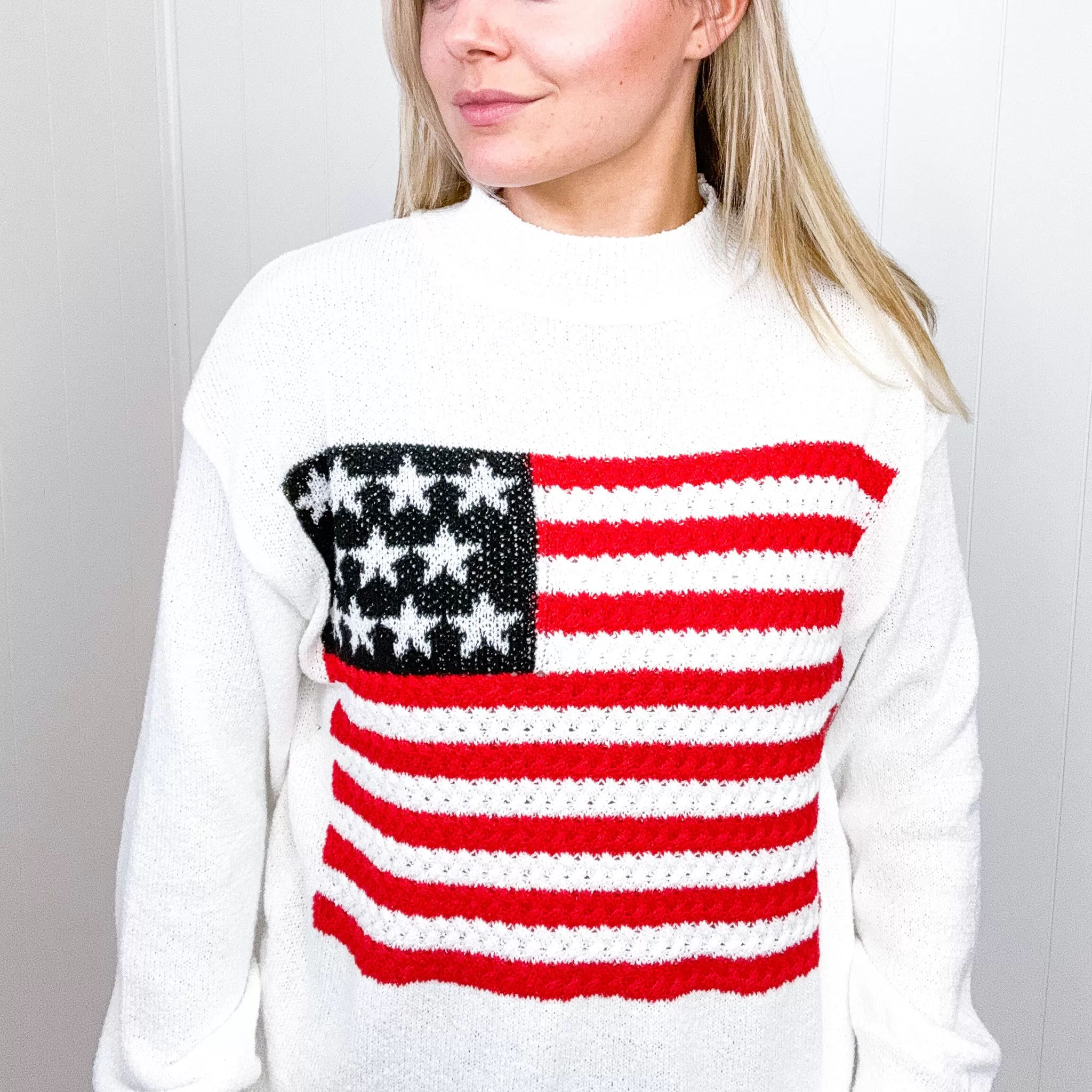 American Flag White Crochet Oversized Knit Sweater