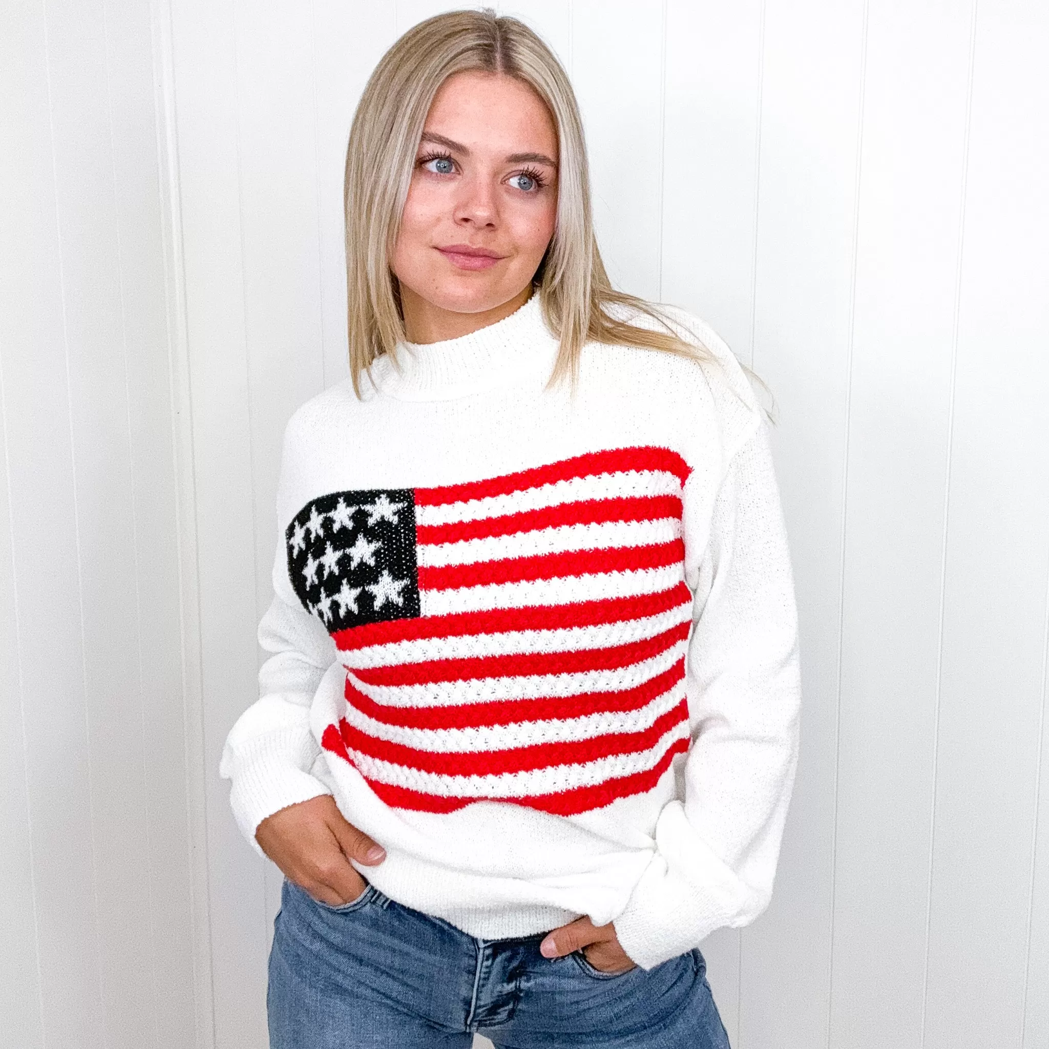 American Flag White Crochet Oversized Knit Sweater