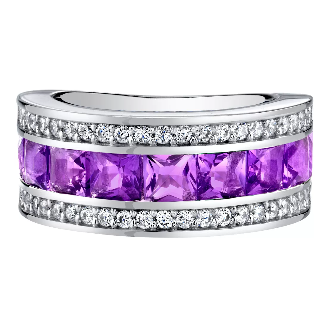 Amethyst 3-Row Wedding Ring Band Sterling Silver Princess Cut 2 Carats Size 5