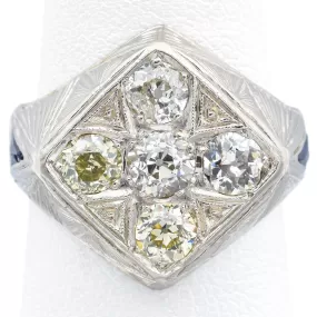 Antique Art Deco 14K White Gold 1.46 TCW Old Mine Cut Diamond & Sapphire Ring