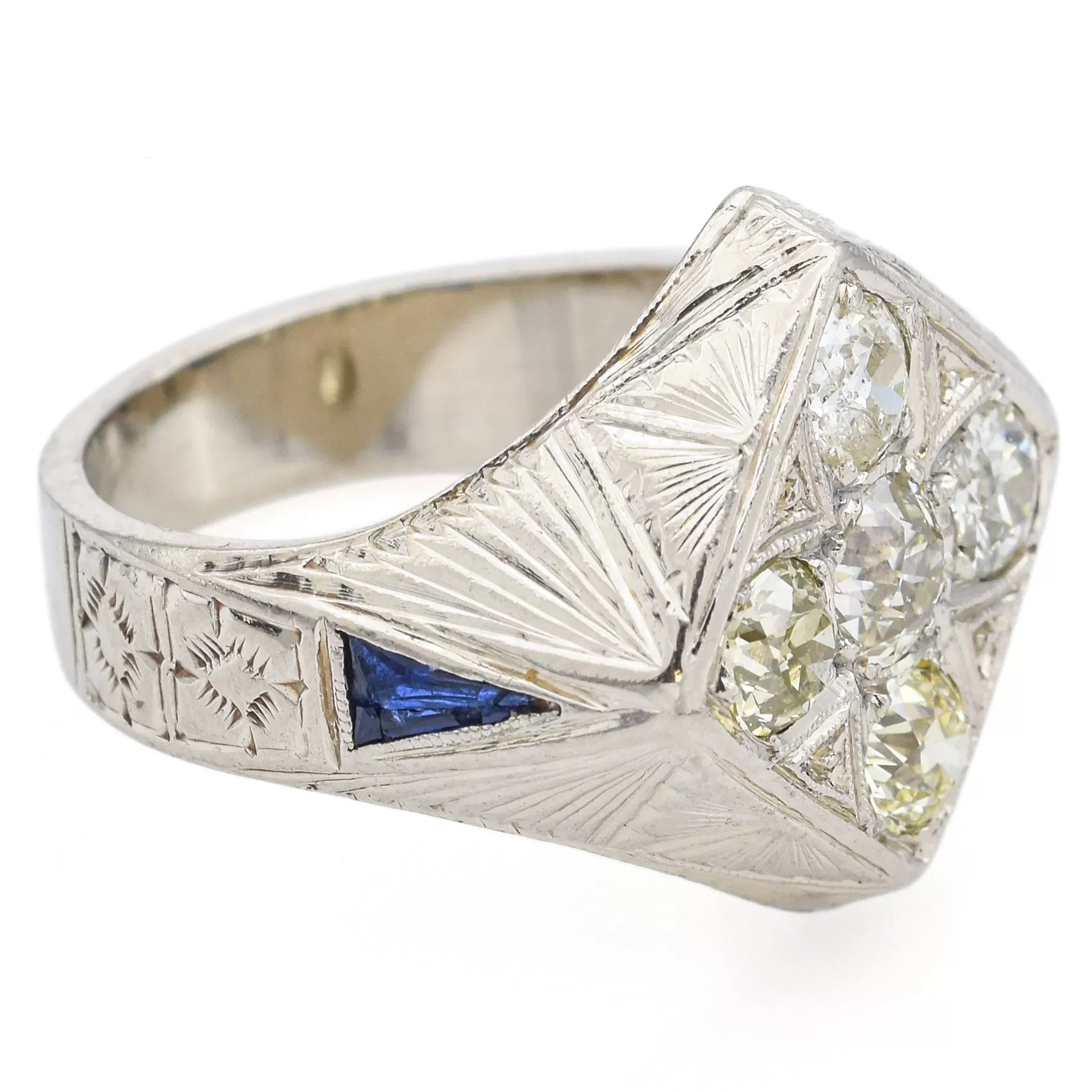 Antique Art Deco 14K White Gold 1.46 TCW Old Mine Cut Diamond & Sapphire Ring