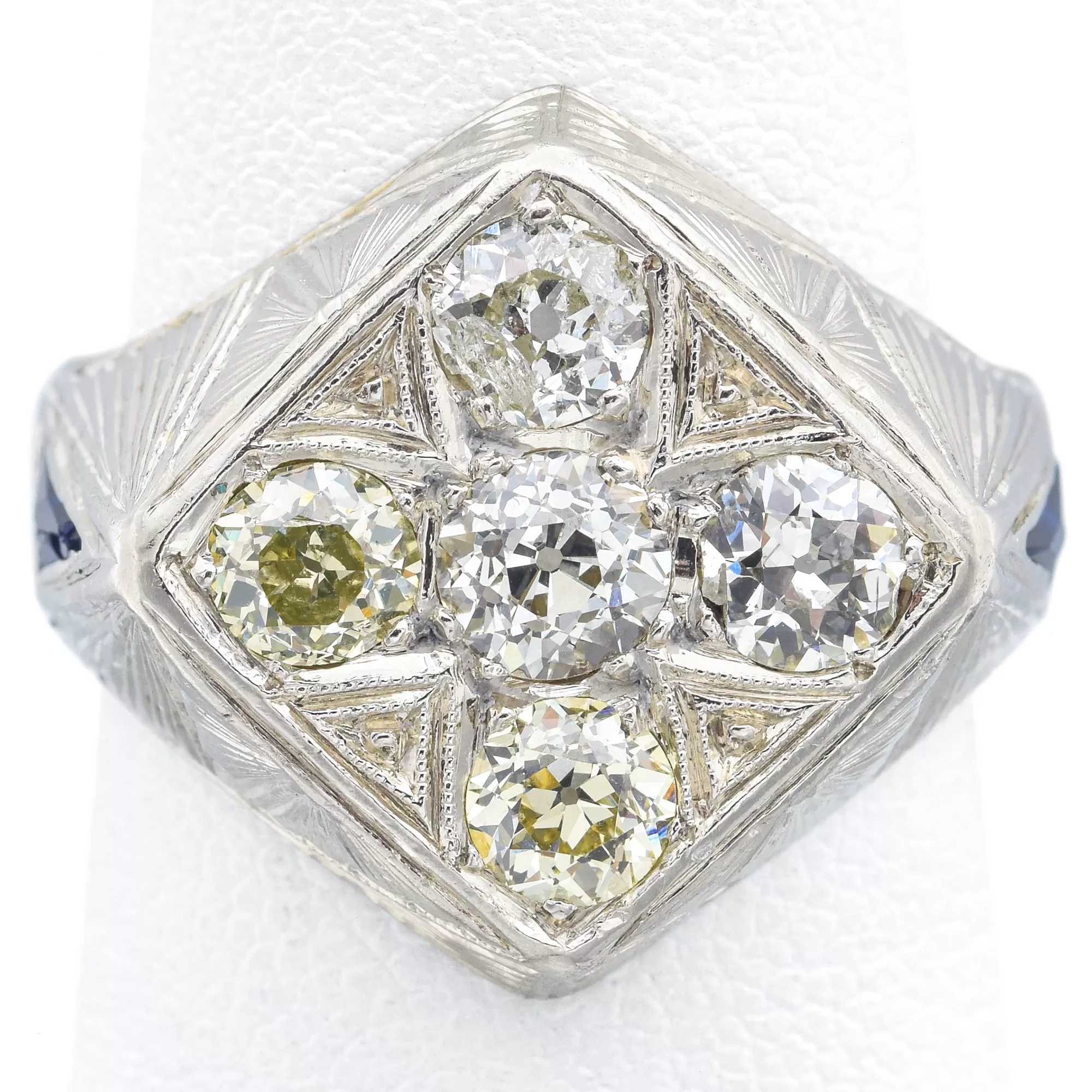 Antique Art Deco 14K White Gold 1.46 TCW Old Mine Cut Diamond & Sapphire Ring