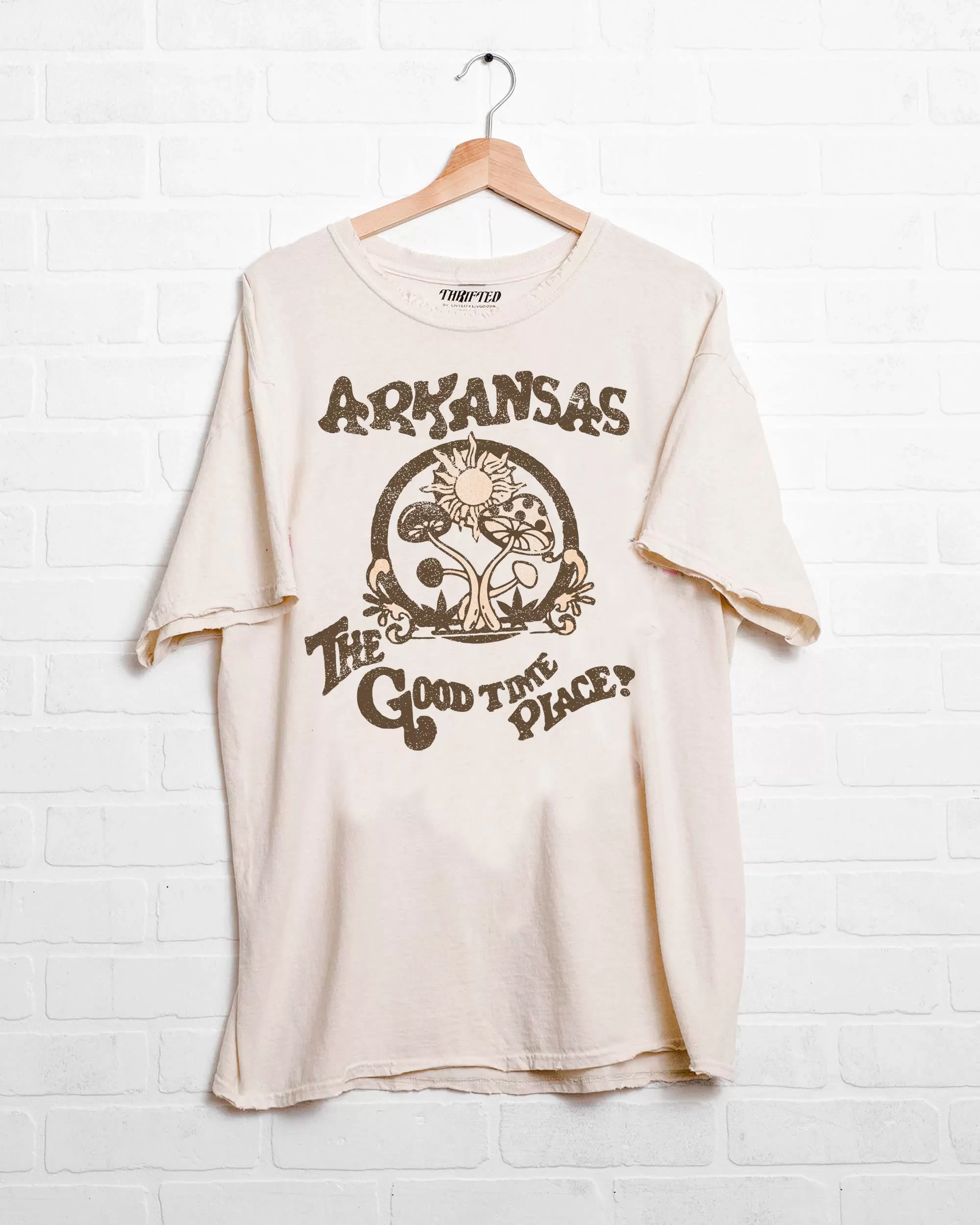 Arkansas The Good Time Place Off White Thrifted Tee