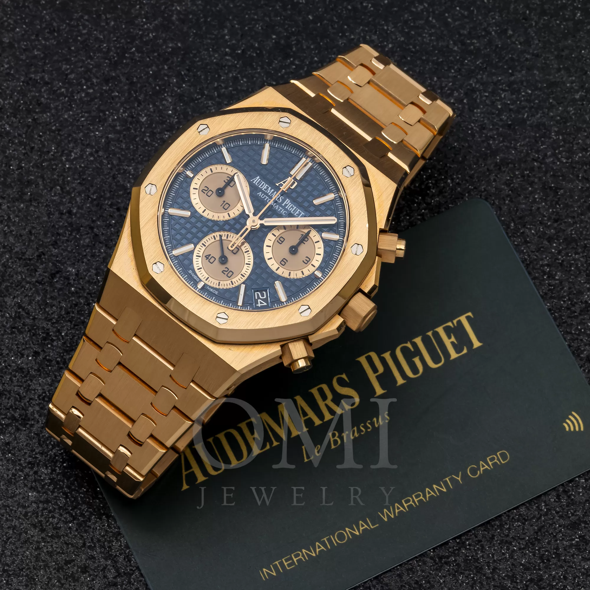 AUDEMARS PIGUET ROYAL OAK CHRONOGRAPH 26331OR 41MM BLACK DIAL WITH ROSE GOLD BRACELET.