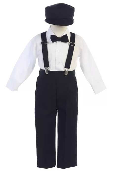 Baby Boys Black Adjustable Clip-On Suspender Pants Hat Set 6-24M