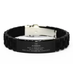 Badass Coach Gifts, I'm Coach not a magician, Sarcastic Black Glidelock Clasp Bracelet for Coach Birthday Christmas for  Men, Women, Friends, Coworkers