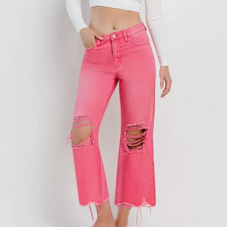 Billie 90's Distressed Vintage Crop Jeans in Hot Pink