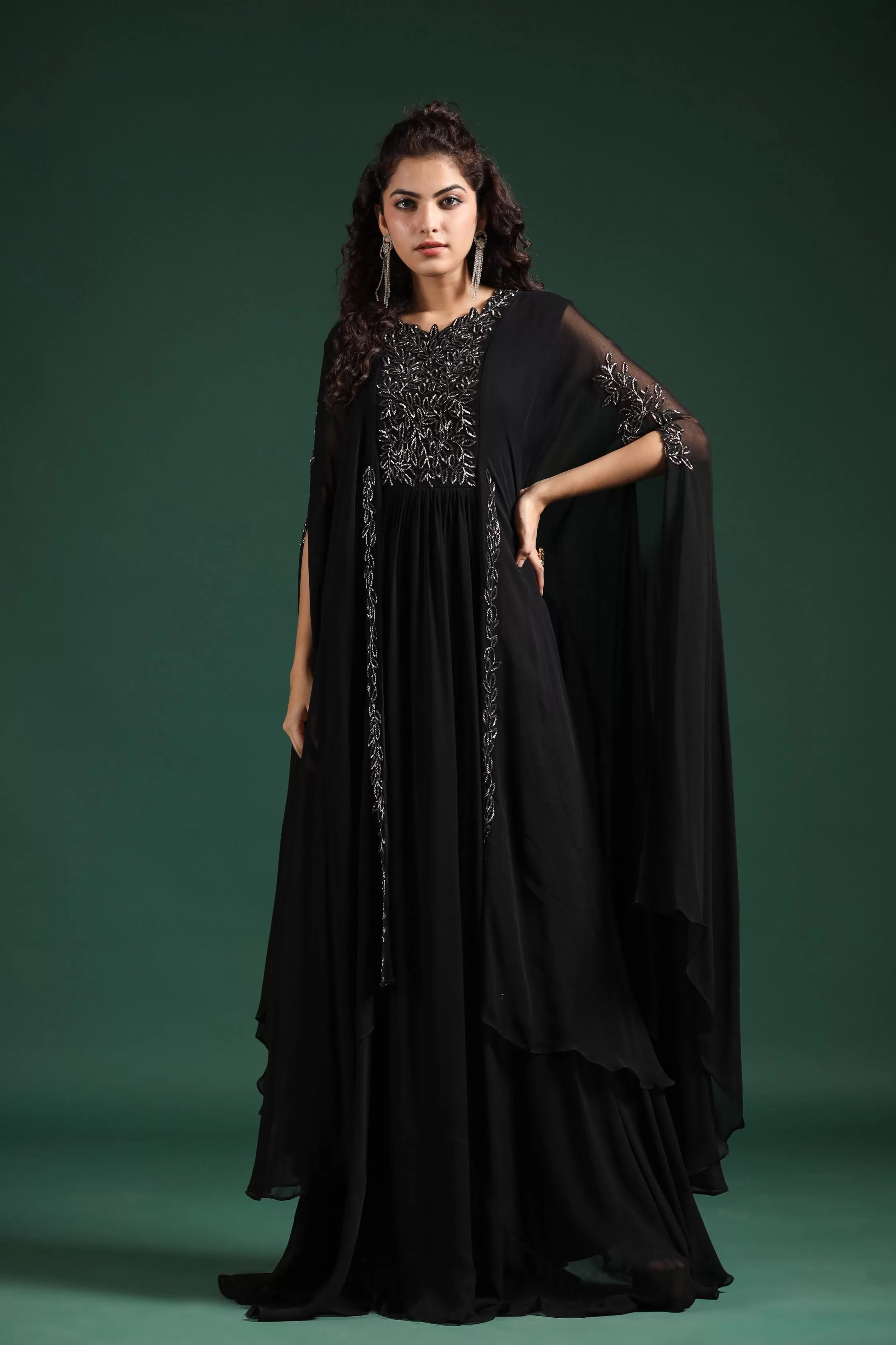 Black Embellished Crystal Georgette Silk Cape Gown