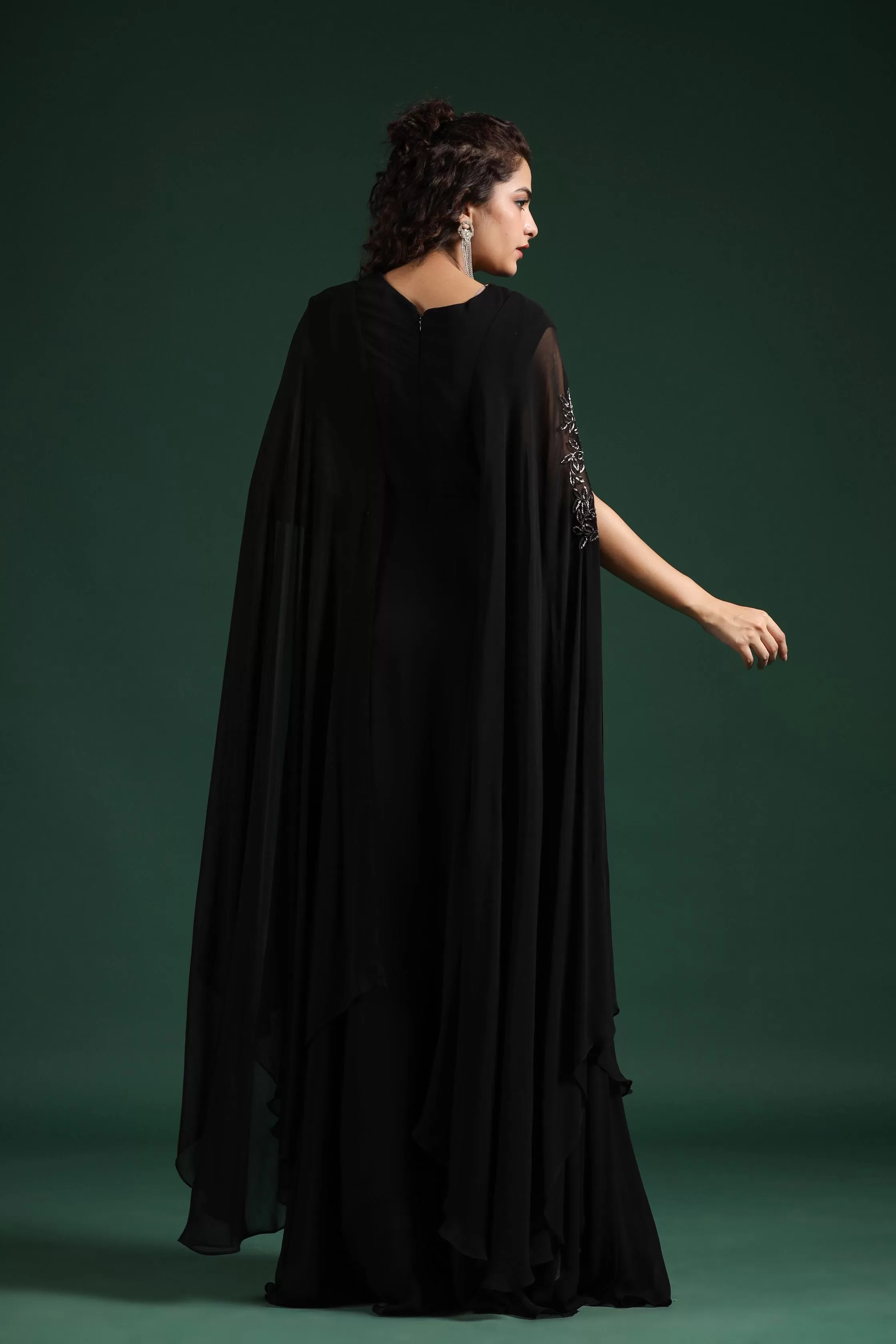 Black Embellished Crystal Georgette Silk Cape Gown