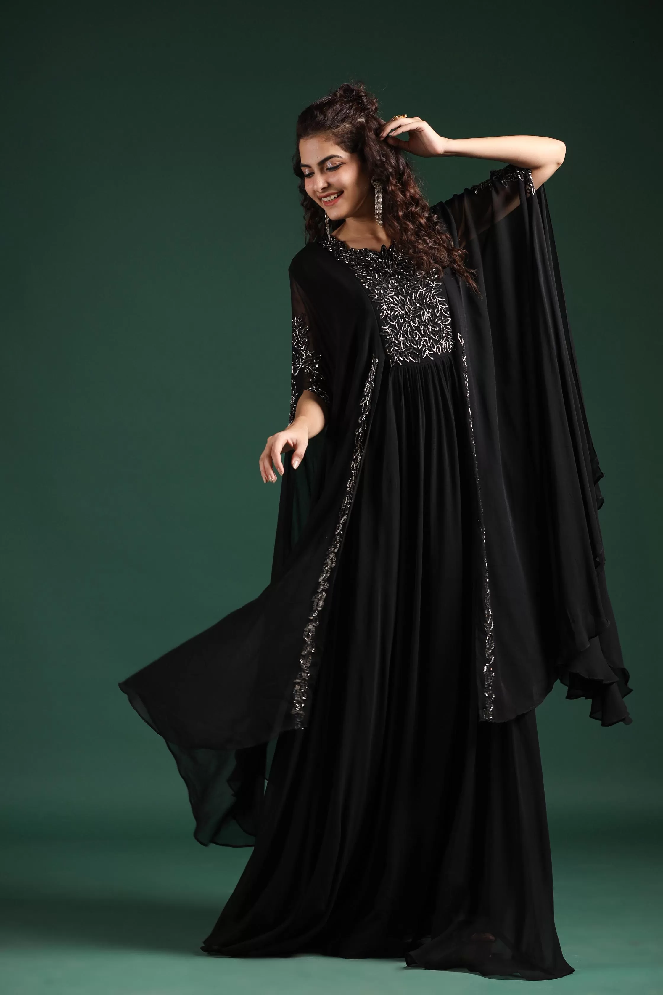 Black Embellished Crystal Georgette Silk Cape Gown