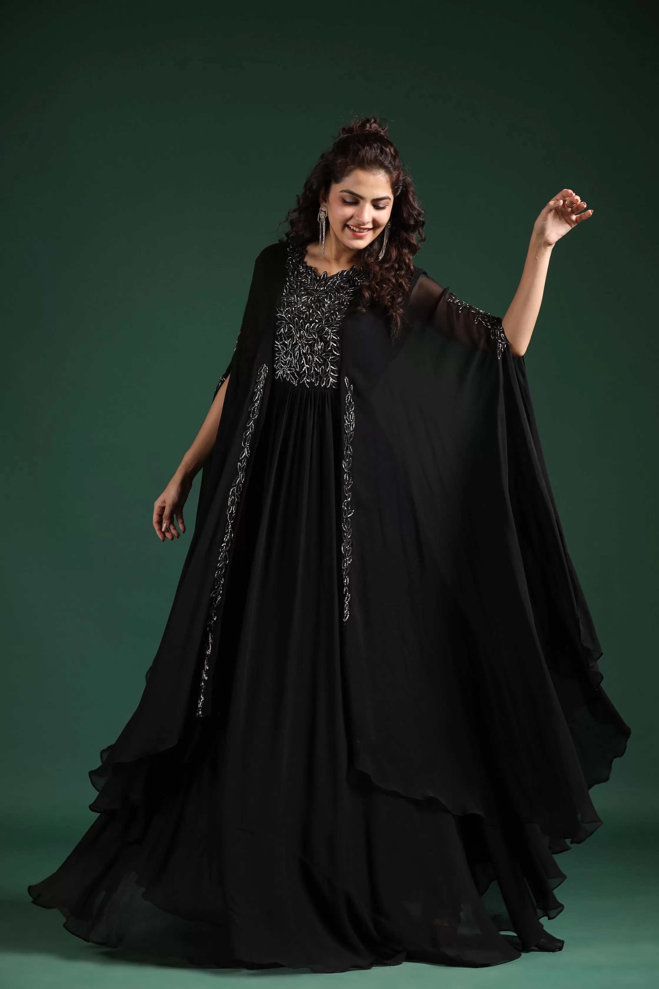 Black Embellished Crystal Georgette Silk Cape Gown