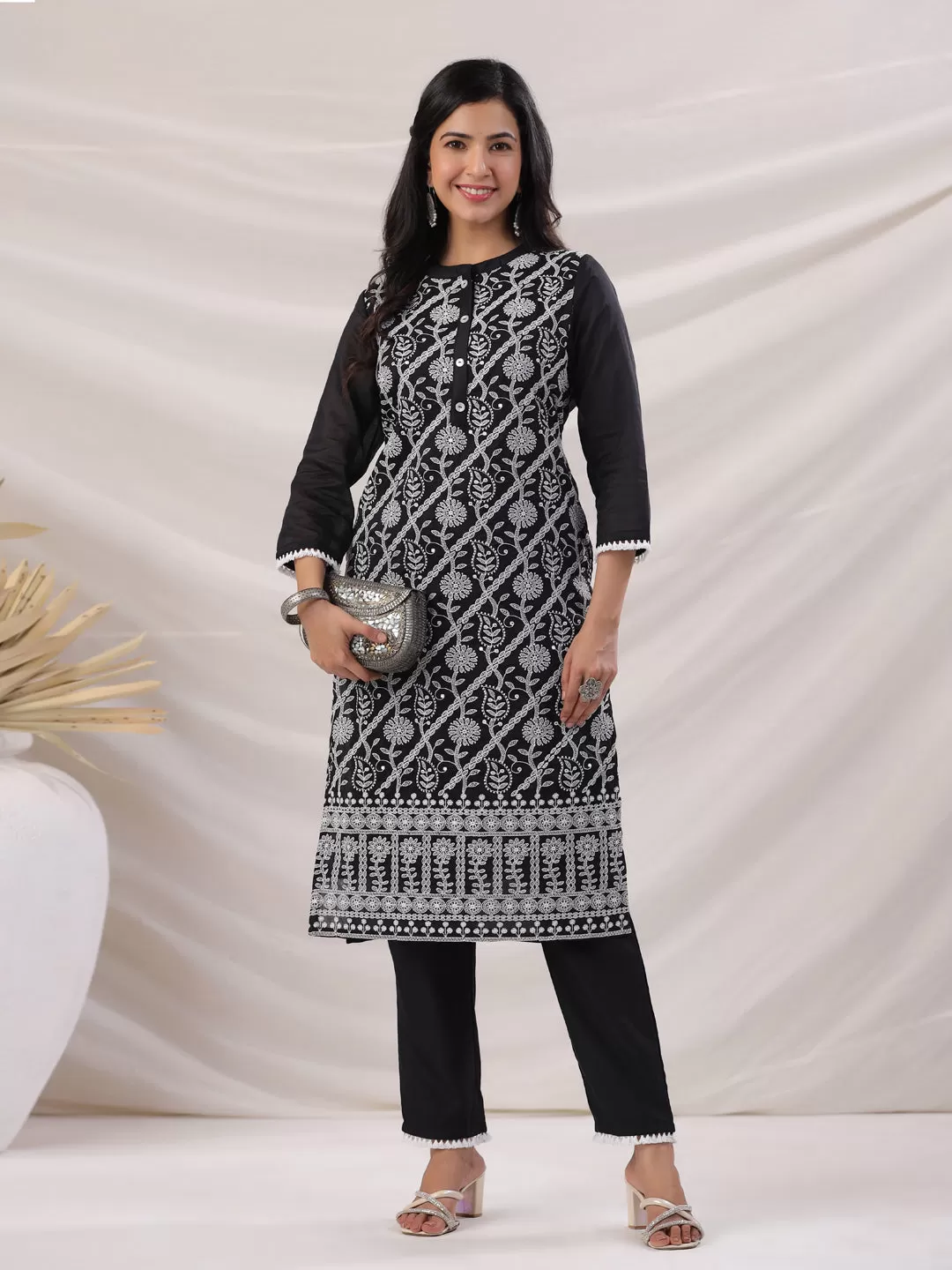 Black Modal Chanderi Embroidered Kurta Pant Set