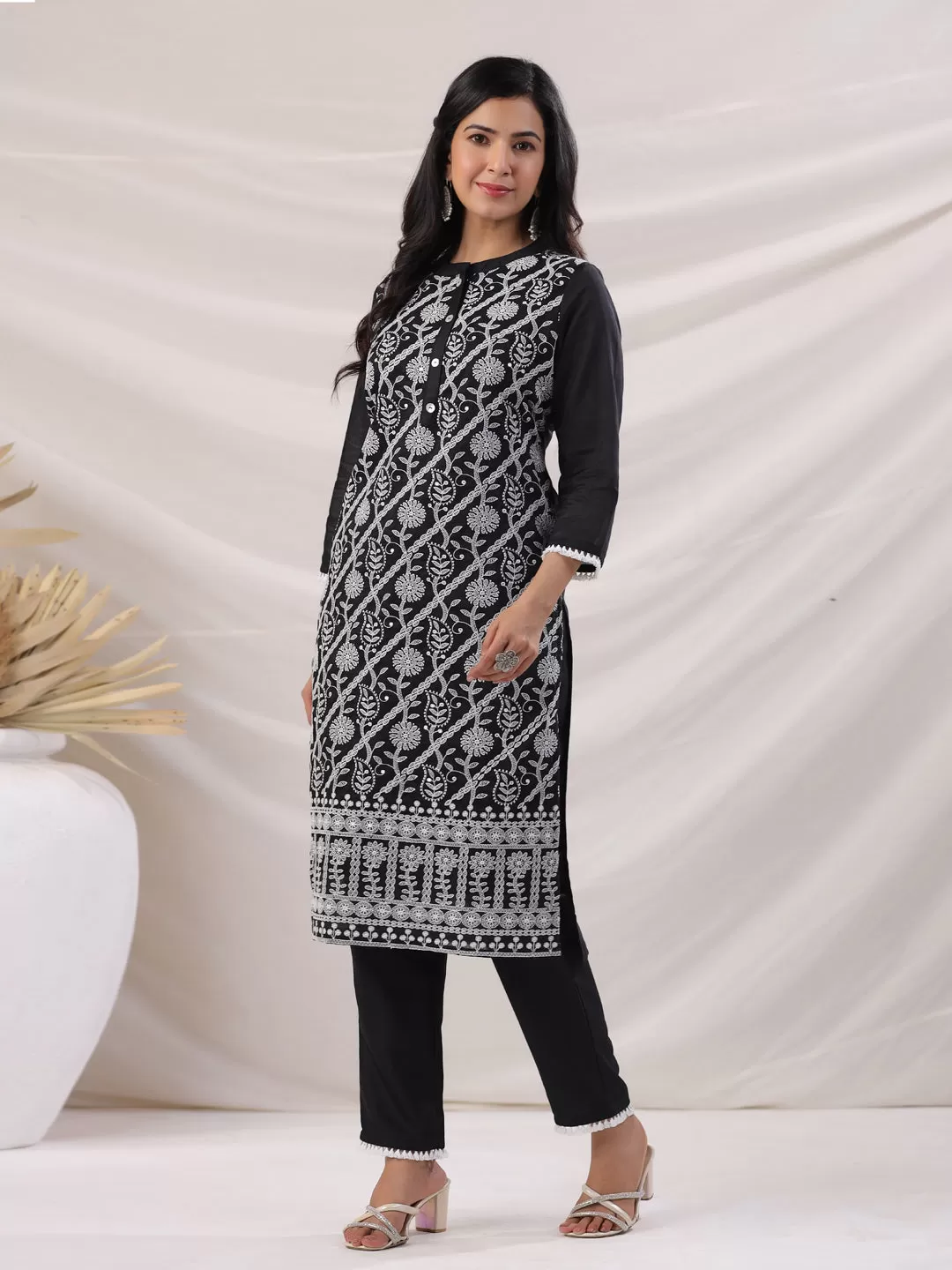 Black Modal Chanderi Embroidered Kurta Pant Set