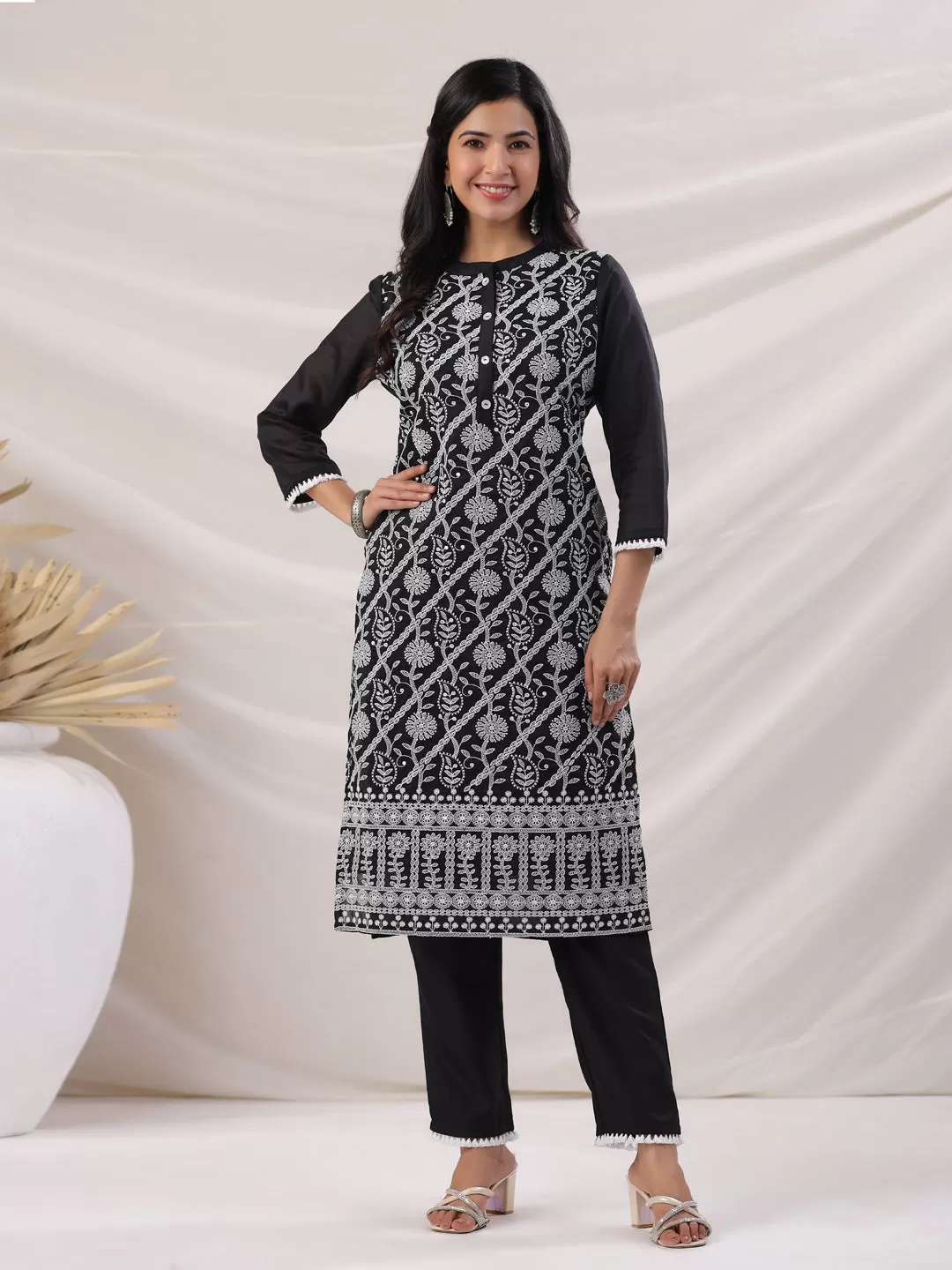 Black Modal Chanderi Embroidered Kurta Pant Set