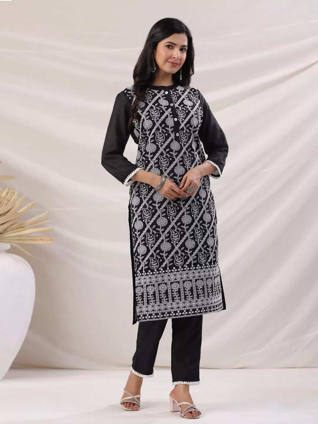 Black Modal Chanderi Embroidered Kurta Pant Set