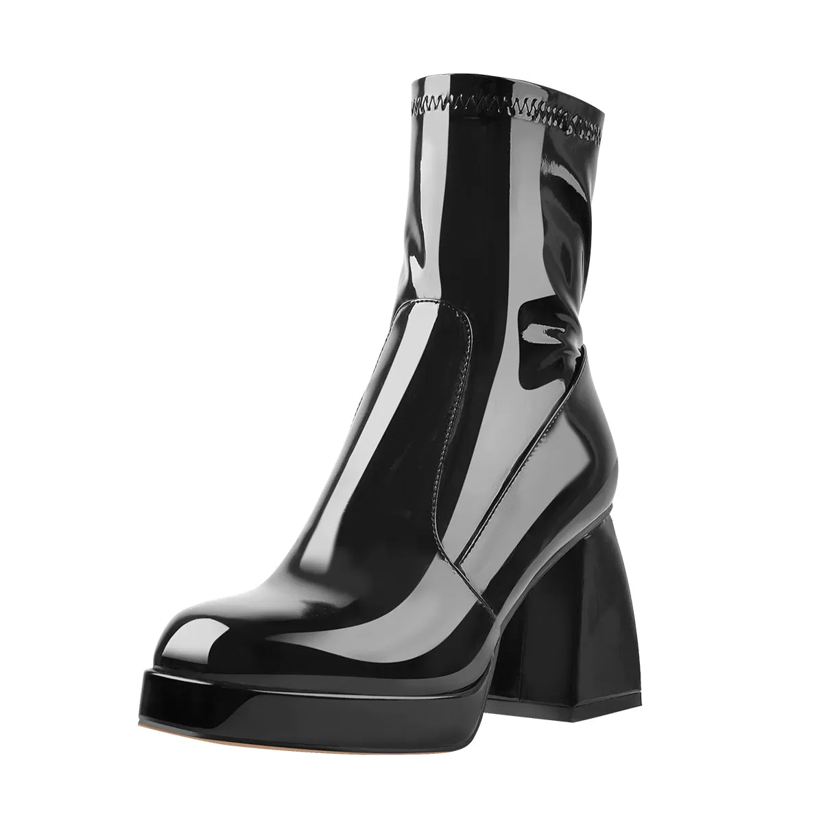 Black Patent Leather Square Chunky Heels Platform Ankle Boots