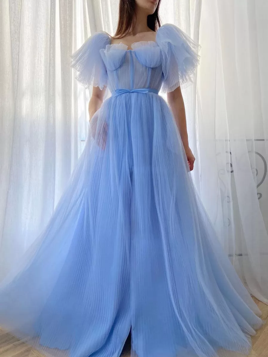 Blue A-line tulle long prom dress, blue tulle formal dress