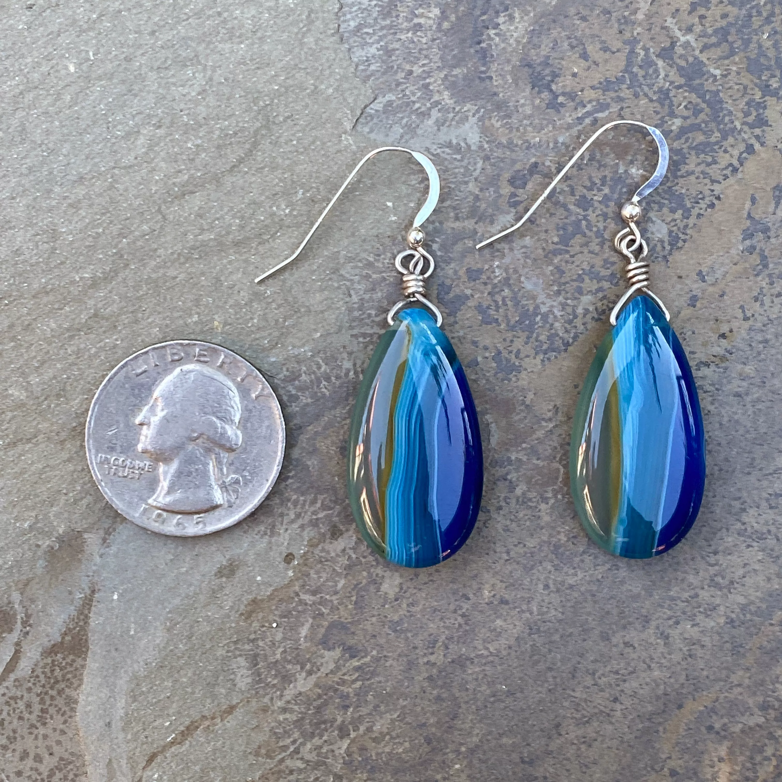 Blue Onyx Agate Tear Drop Shape and Sterling Silver Earrings