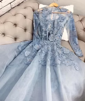 Blue tulle lace applique long prom dress, blue lace formal dress