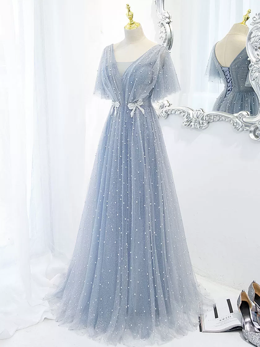 Blue v neck tulle beads long prom dress, blue tulle formal dress