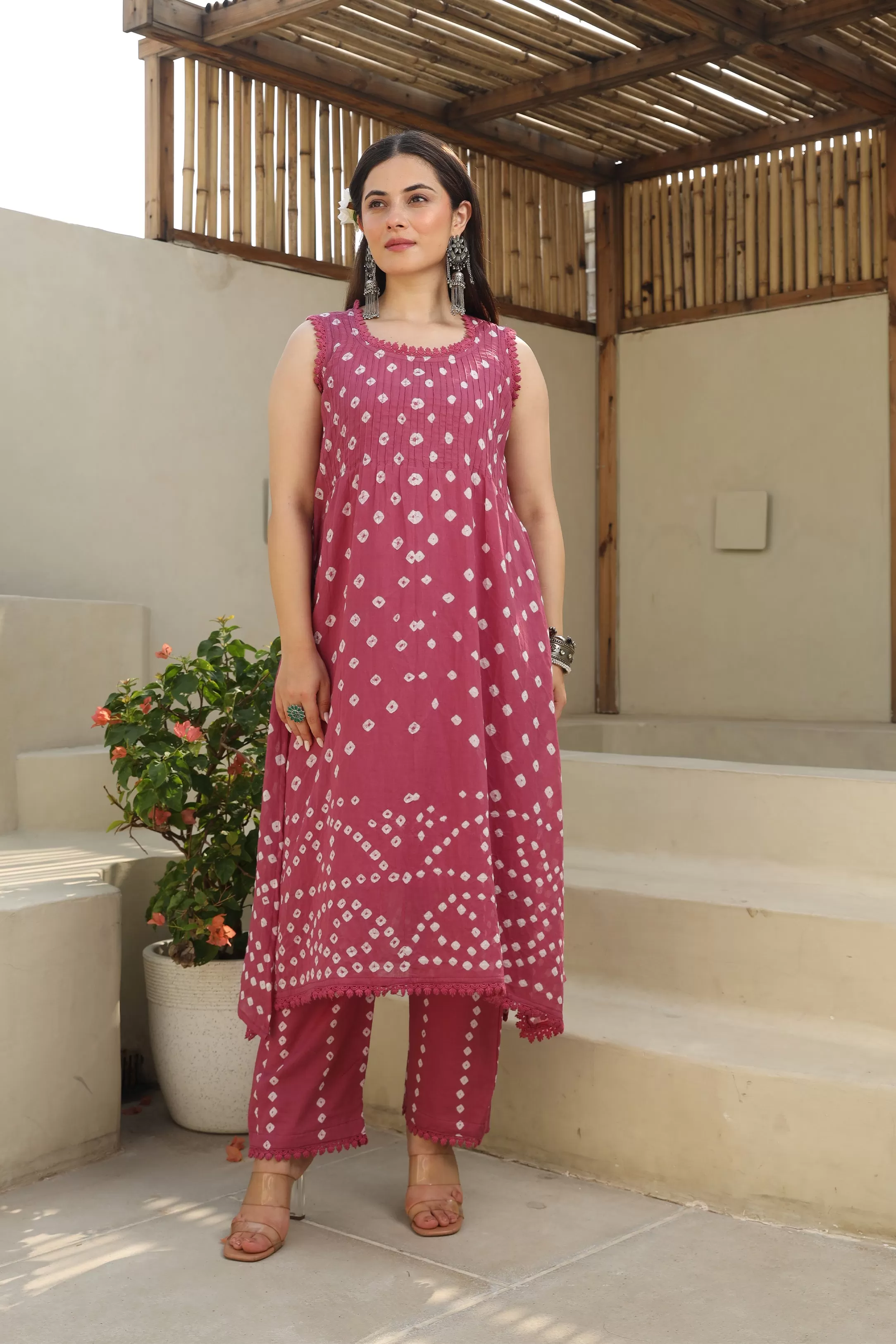 Blush Blossom Mulmul Cotton Hand Tie and Dye Bhandhej A-line Kurta Set