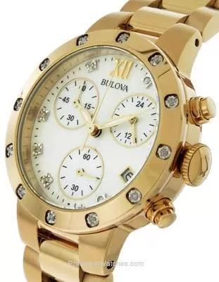 Bulova Ladies 19 Diamond Maiden Lane Chronograph - Gold Tone Link Bracelet