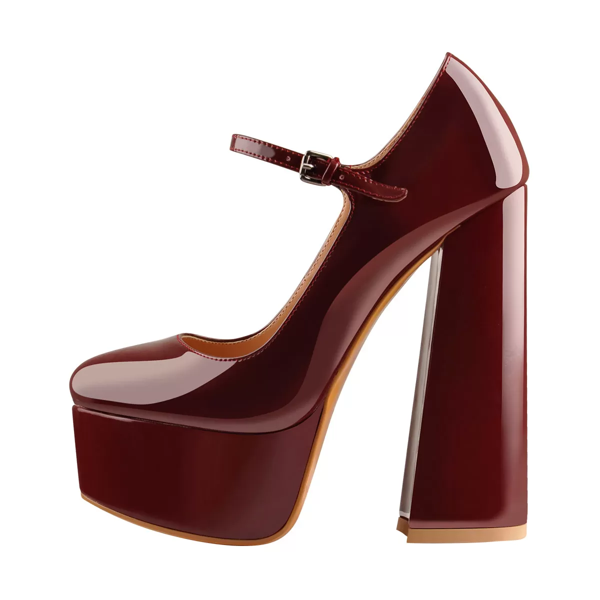 Burgundy Platform Pointed Toe Chunky Square High Heels Pumps