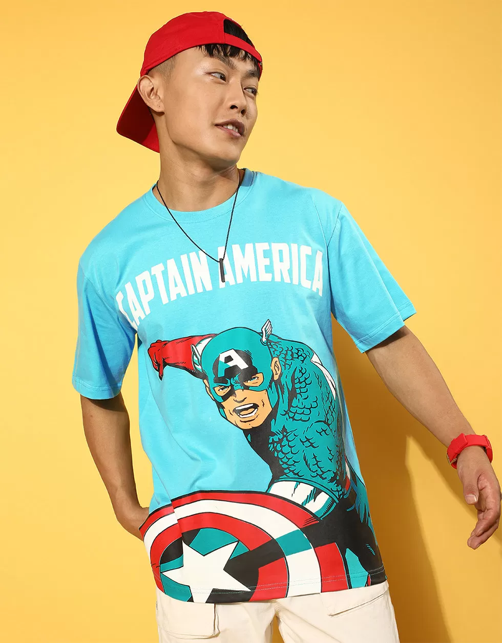 Captain America Blue Oversized Front Graphic Printed Tshirt