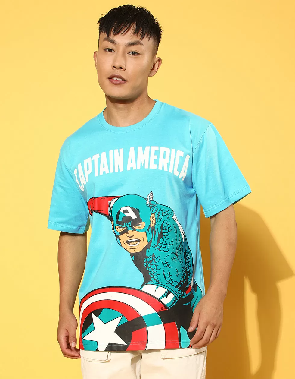 Captain America Blue Oversized Front Graphic Printed Tshirt