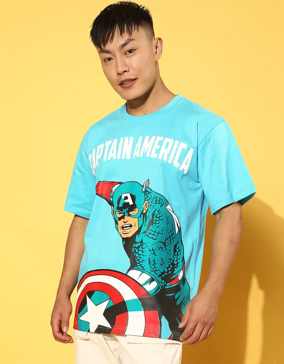 Captain America Blue Oversized Front Graphic Printed Tshirt