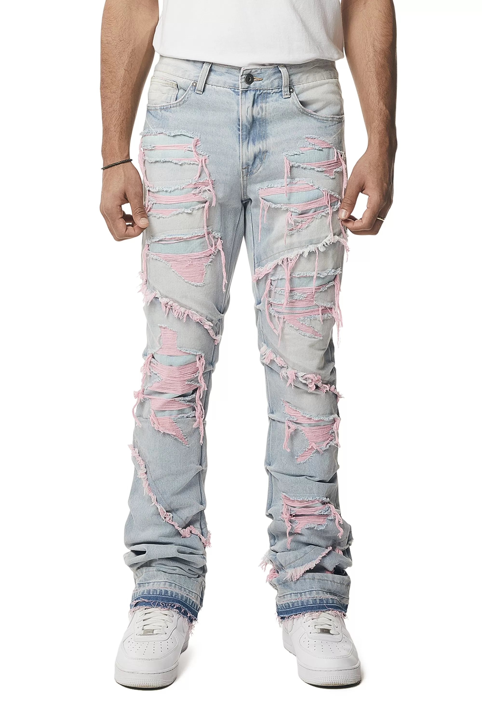 Color Thread Heavy R&R Lazy Stacked Flared Jeans - Pink