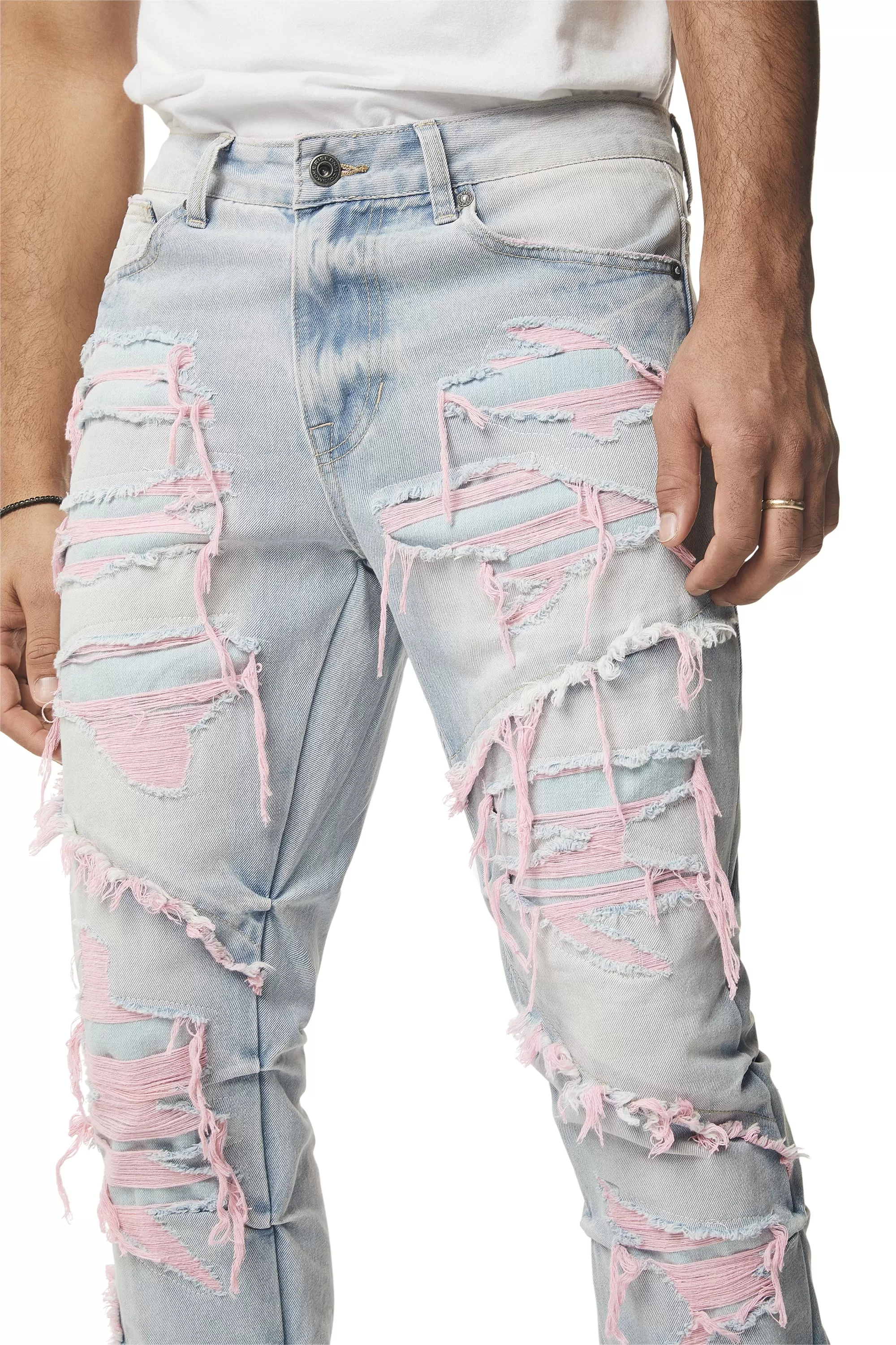 Color Thread Heavy R&R Lazy Stacked Flared Jeans - Pink