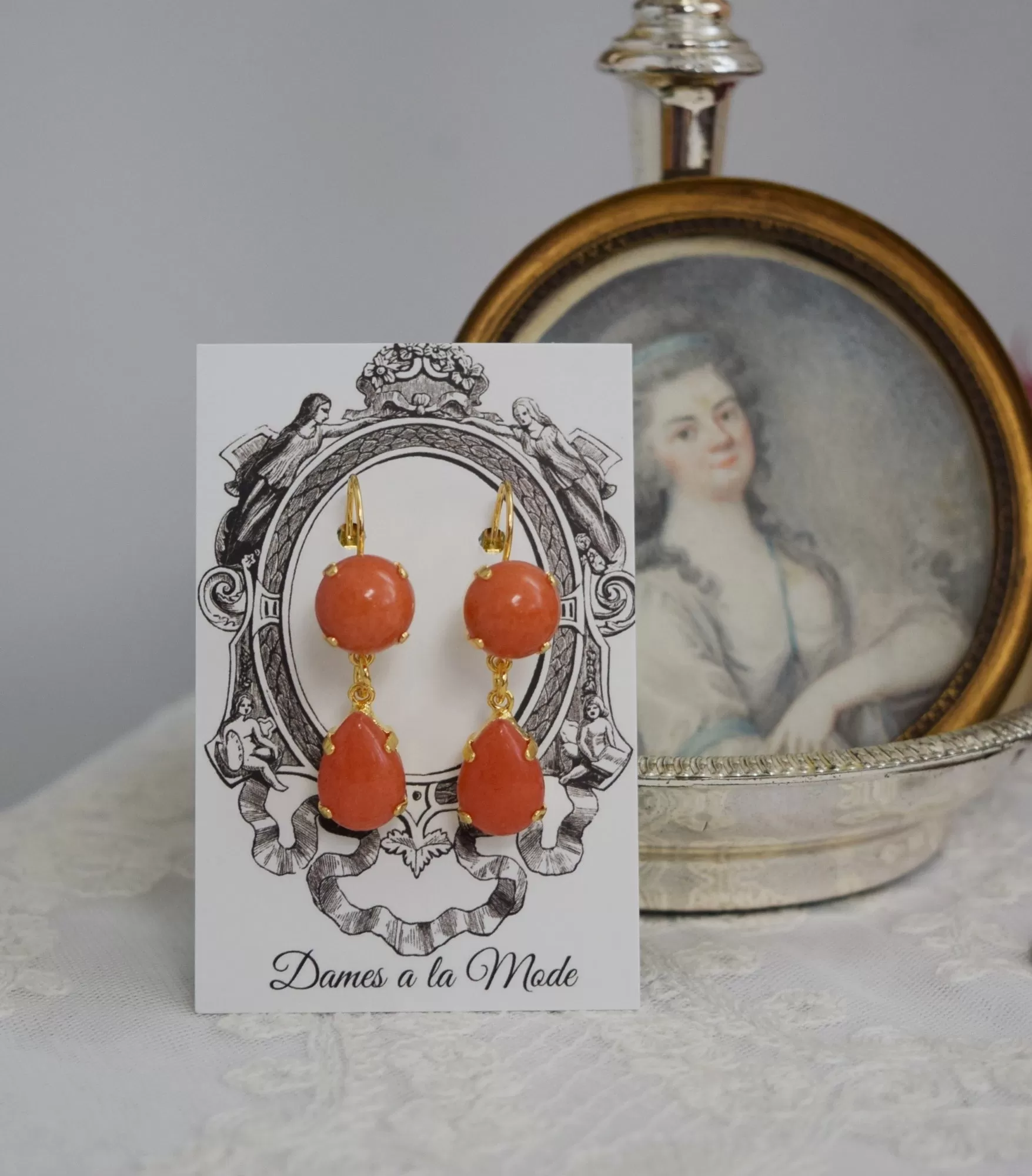 Coral Two Stone Earrings - Round and Teardrop