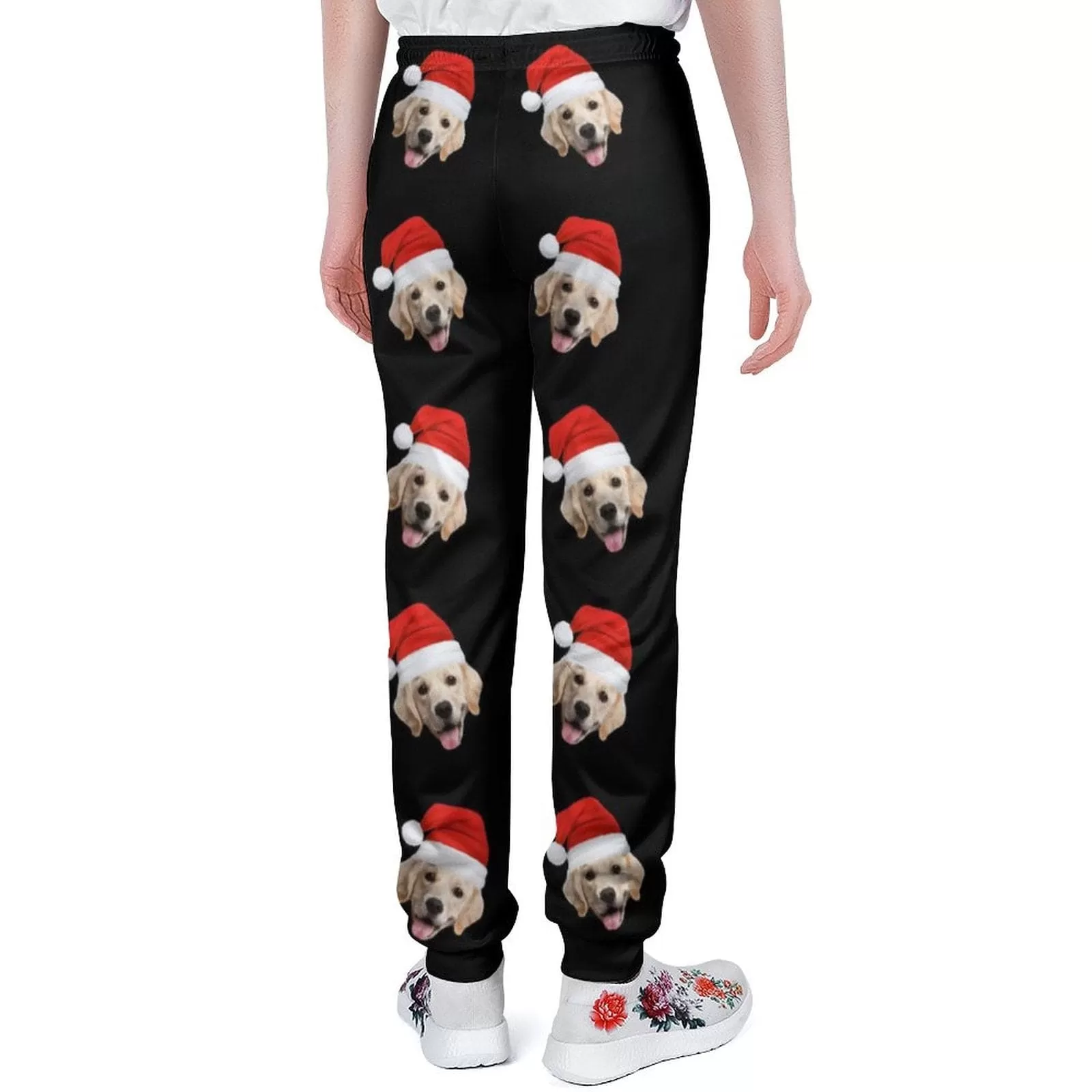 Custom Pet Face Christmas Hat Black Sweatpants Unisex Personalized Closed Bottom Casual Joggers