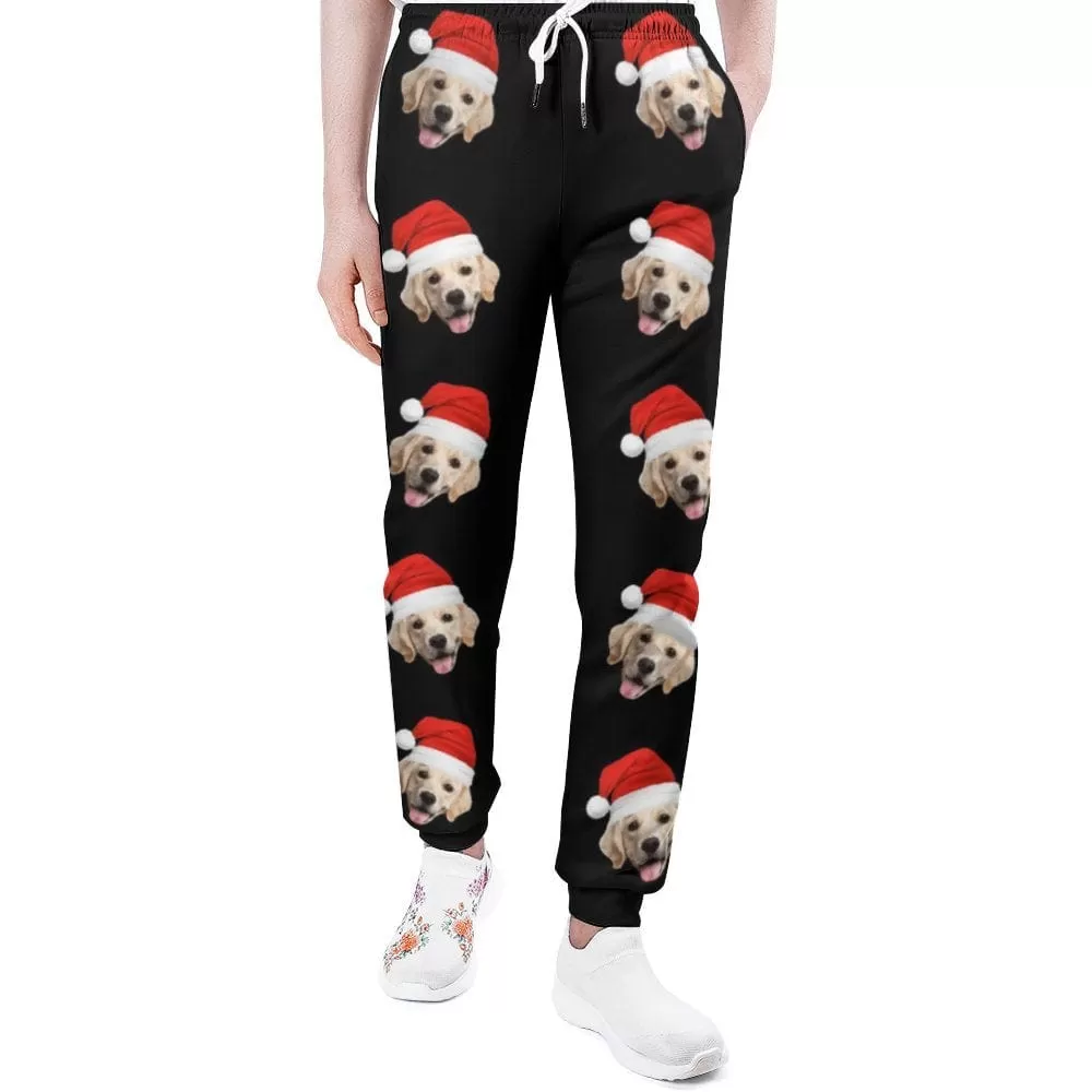 Custom Pet Face Christmas Hat Black Sweatpants Unisex Personalized Closed Bottom Casual Joggers