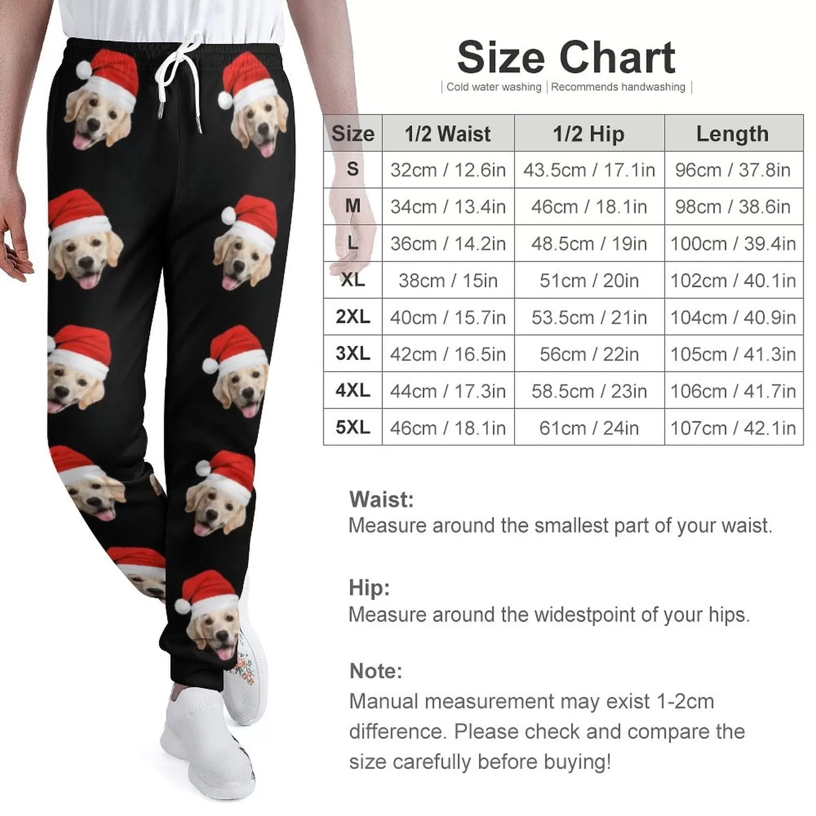 Custom Pet Face Christmas Hat Black Sweatpants Unisex Personalized Closed Bottom Casual Joggers