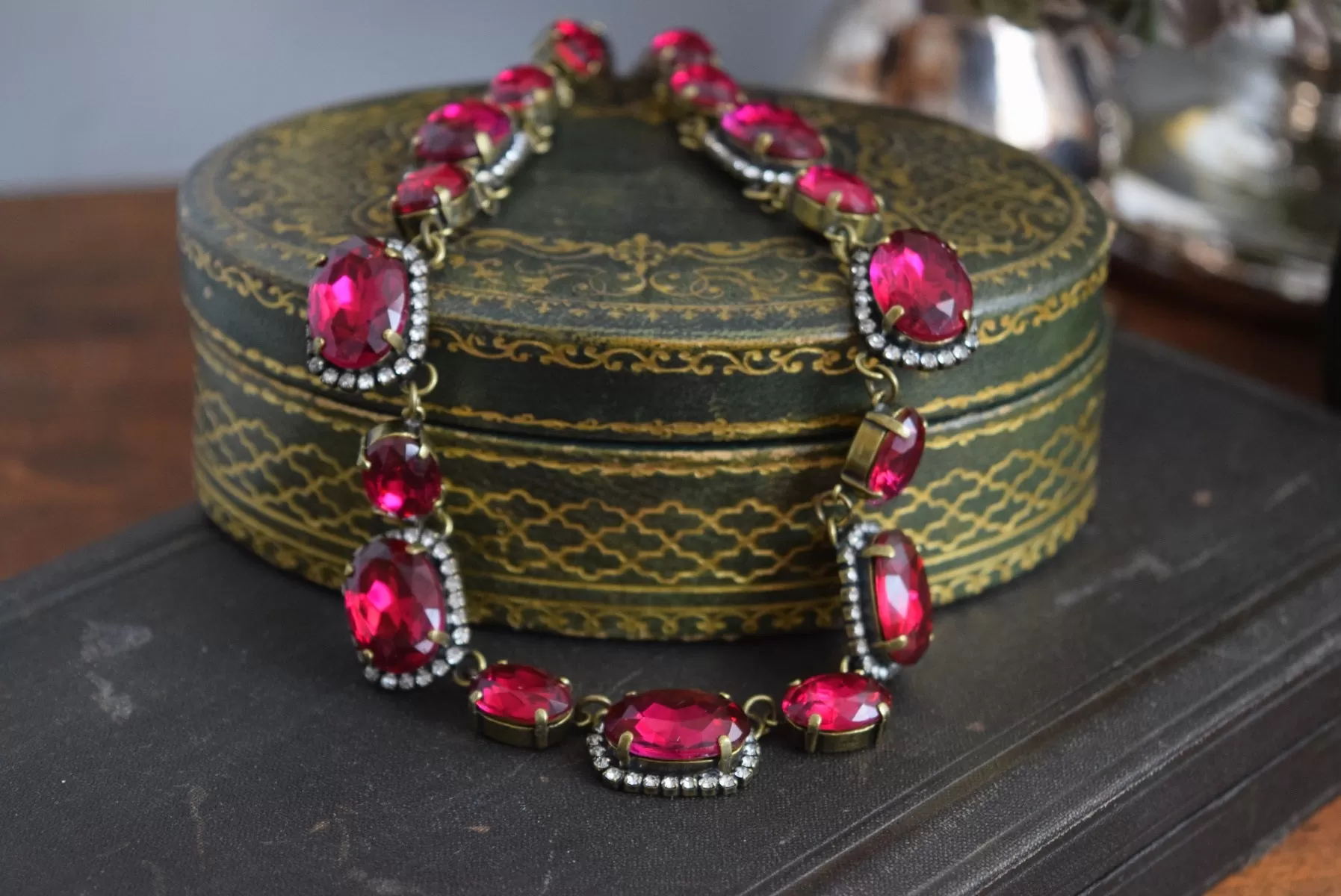 Dark Pink Crystal Halo Necklace - Large and medium ovals