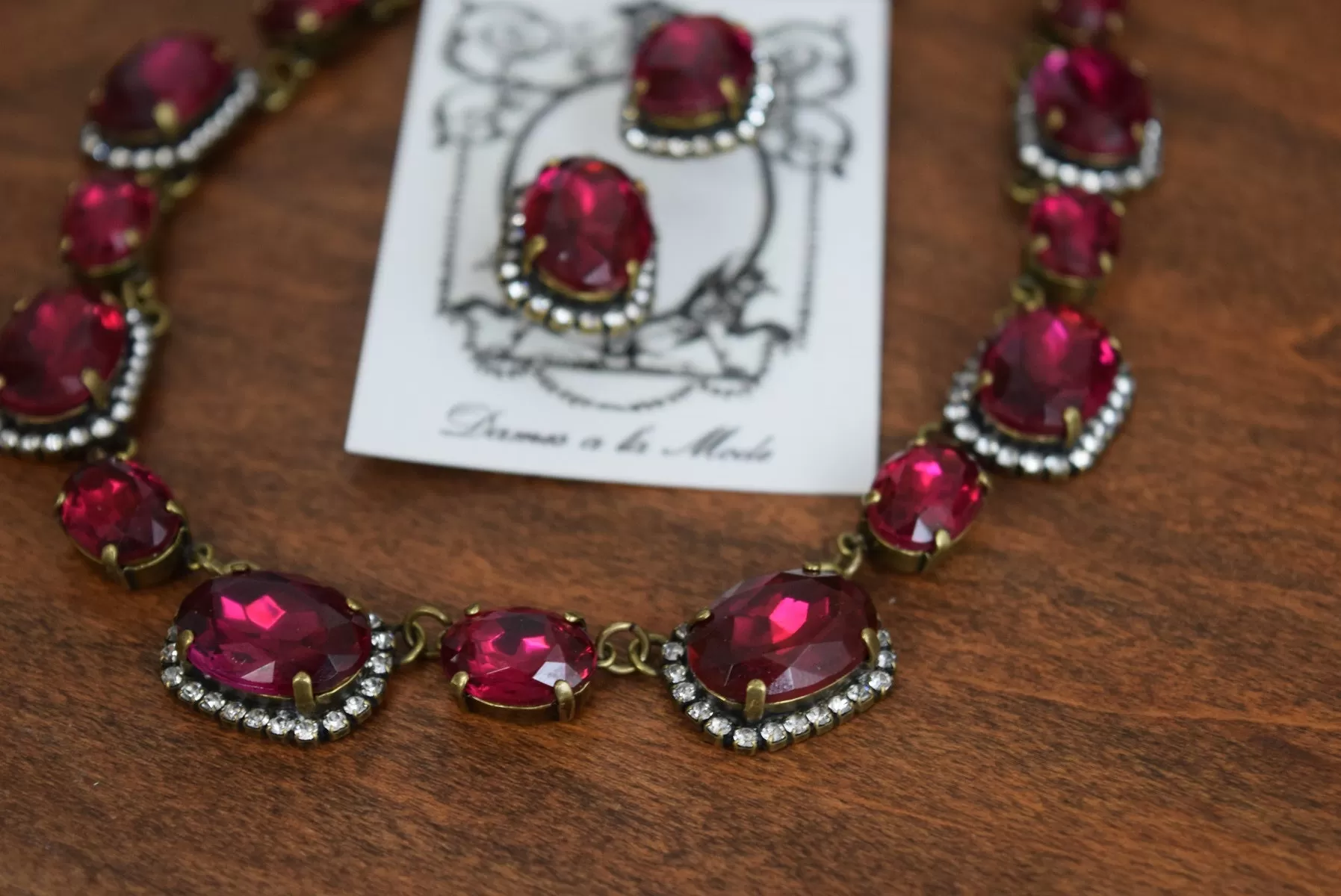 Dark Pink Crystal Halo Necklace - Large and medium ovals